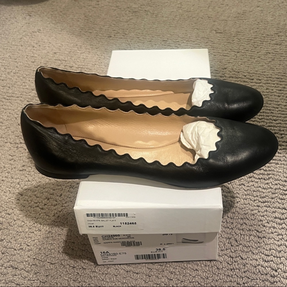 Chloe Black Scalloped Leather Ballet Flats, Size 38.5/8.5